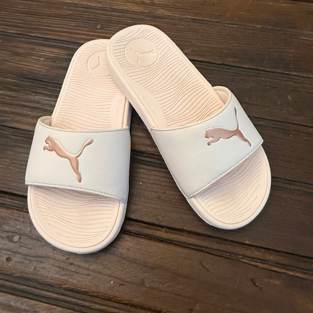 Puma Softride Slides Womens 6 Pale Pink Rose Gold Logo Sandals CFB-0624